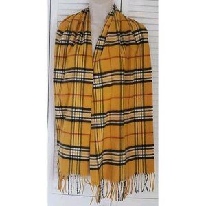 NEW V.FRAAS CASHMINK UNISEX MUSTARD PLAID FRINGE SCARF MADE IN GERMANY